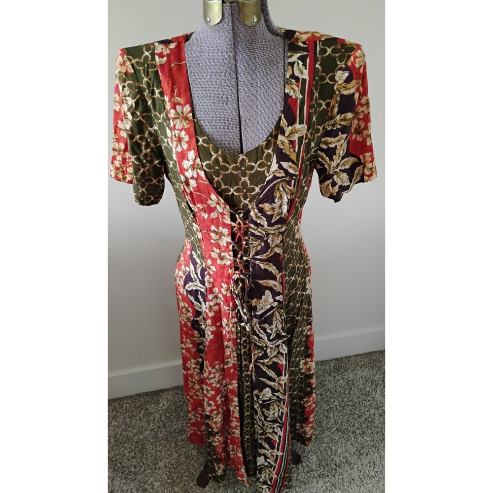 Vtg 90s Midi Corset Dress Women's Autumn Floral Grunge Tie Sz 6/8 Jamie Brooke